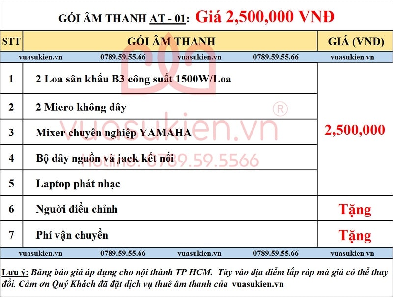 Bảng giá âm thanh gói cơ bản