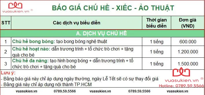 Bảng giá Chú Hề của Vua Sự Kiện tại Quận 1
