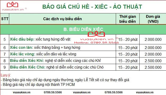 Bảng giá Xiếc của Vua Sự Kiện tại Quận 1